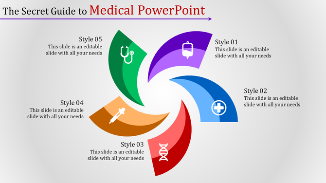 Medical PowerPoint template with five styles represented by medical icons such as a stethoscope, syringe, and DNA.