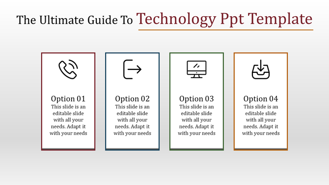 Technology themed layout with four rectangular sections displaying icons of communication, navigation, monitor, and download.