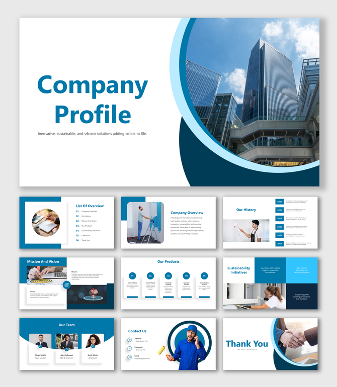 Company Profile PowerPoint slide with sections for description and creative content, focusing on sales.