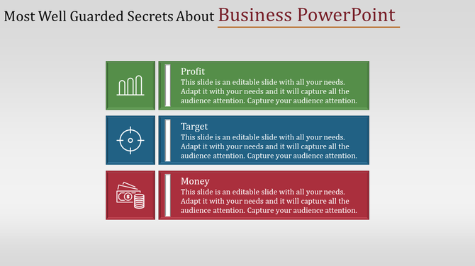 Business PowerPoint template showcasing three key sections Profit, Target, and Money with corresponding icons.