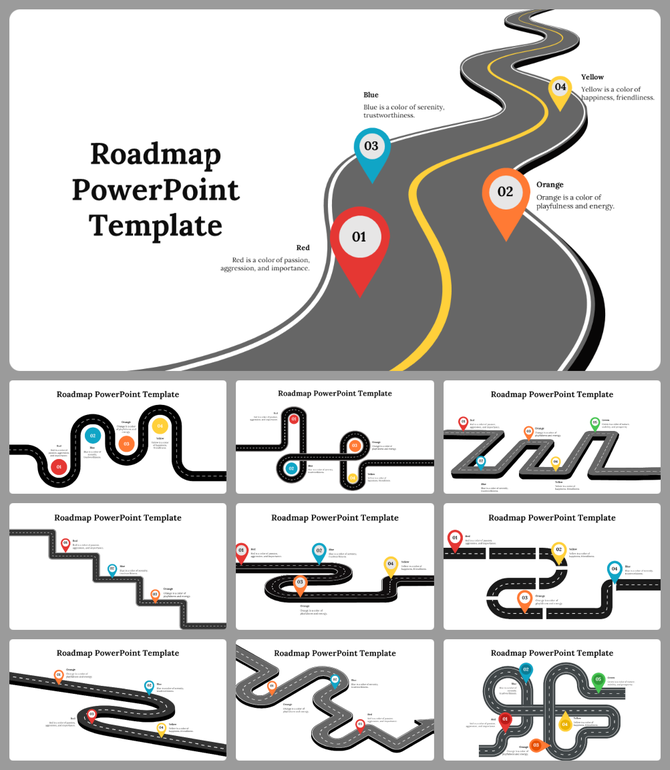 Roadmap template with winding road paths and colored location markers across multiple slides.