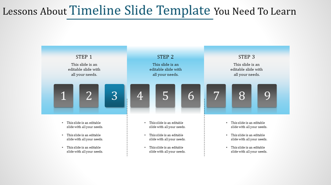 Three step timeline with numbered blocks 1 to 9, in a blue gradient background, each step containing placeholder text.