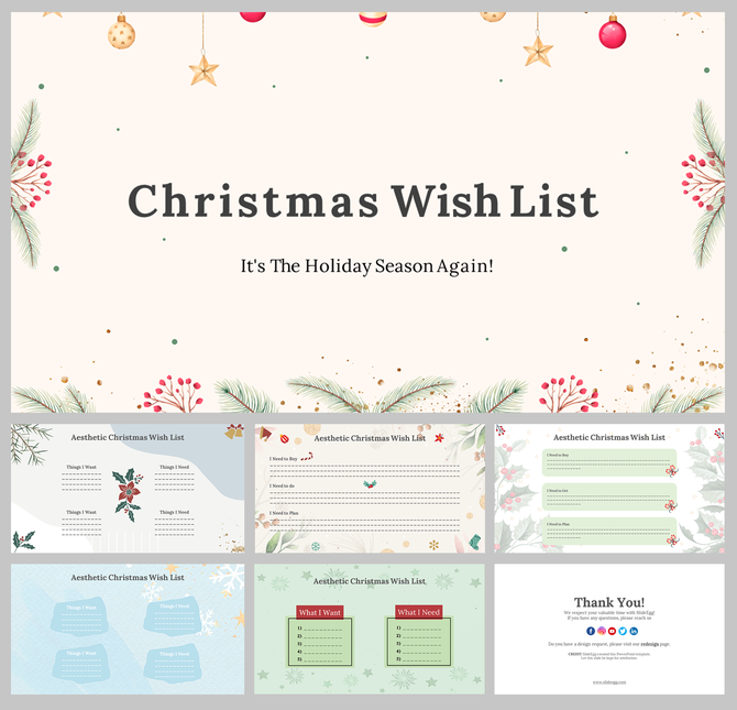 A pack of aesthetic Christmas wish list slides featuring designs with pine branches, ornaments, and red berries with text.