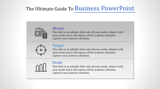 Three section business infographic with money, target, and profit icons and captions on a gray background.
