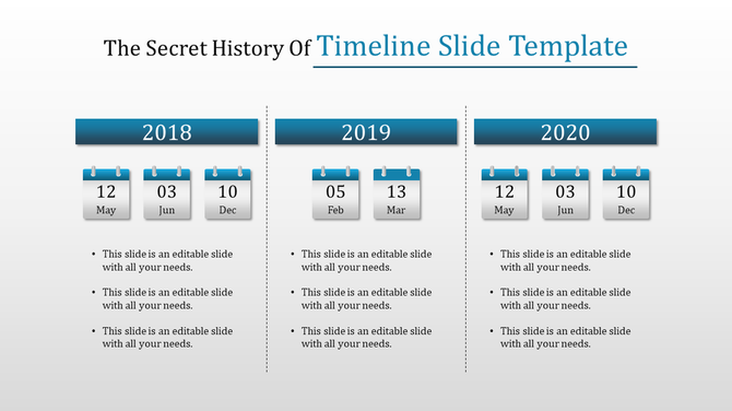 Timeline graphic split into three sections for years, each with blue calendar visuals showing specific months and days.