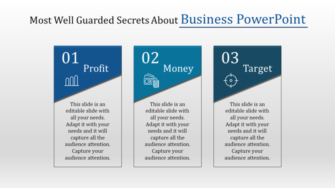 Business PowerPoint slide featuring three options with icons representing profit, money, and target with placeholder text.