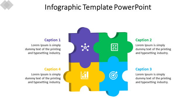 PowerPoint slide with a puzzle piece infographic template, featuring four colorful pieces labeled with captions.