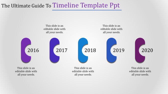 Horizontal timeline graphic with curved shapes in shades of purple and blue, each labeled with years from 2016 to 2020.