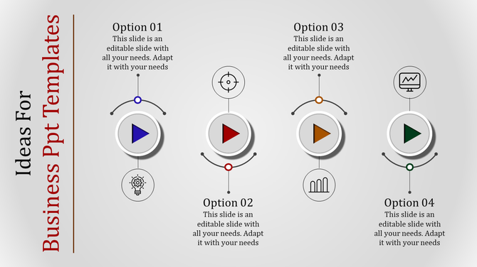 Business slide with four options, each featuring a directional arrow icon and business related graphics with captions.