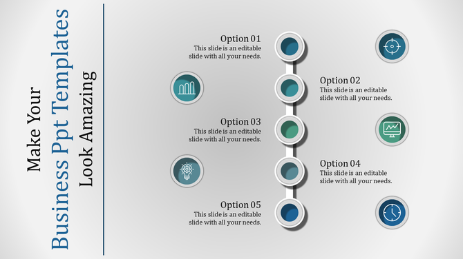 Vertical timeline design with five steps, each represented by a circular icon and placeholders text areas.