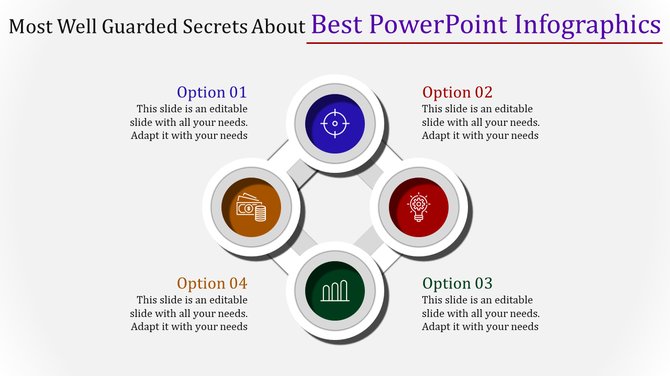 PowerPoint slide with four infographic options, each marked with unique icons like a target, light bulb, money, and graph.
