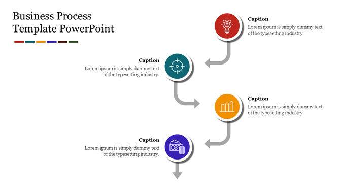 Business process infographic with four circular icons arranged along a vertical timeline with curved arrows.