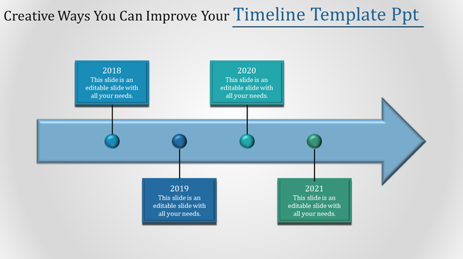 Colorful timeline with five date markers, featuring placeholder captions for each year, illustrating a progression over time.