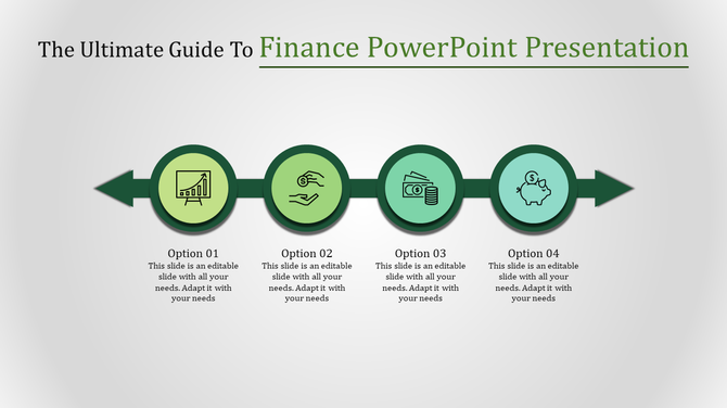 Finance PowerPoint presentation slide with options for visualizing financial data, growth, and investment with icons.