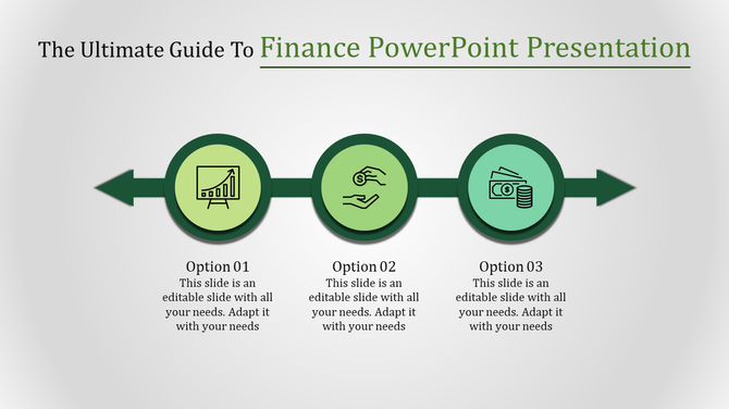 Finance themed layout with three circles connected by an arrow, displaying financial icons and placeholder text areas.