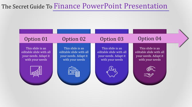 Finance PowerPoint slide showing four colorful options with icons for chart, money, piggy bank, and hand with money.