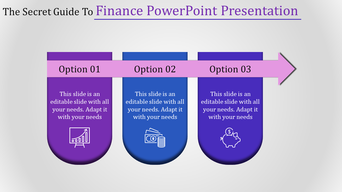 Three step financial with vertical blocks, icons for growth, money, and savings, and a horizontal pink arrow.