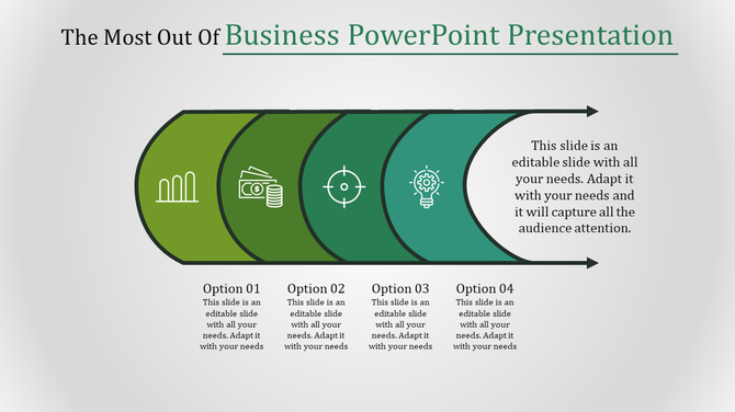 Business PowerPoint template showing four sections with icons representing growth, finance, focus, and innovation.
