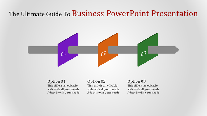 Business themed flowchart showing a gray horizontal arrow passing through three blocks labeled with placeholder text areas.