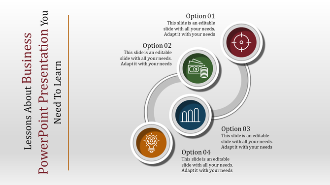 Business PowerPoint template with four options and icons for money, goals, business graph, and ideas with placeholder text.