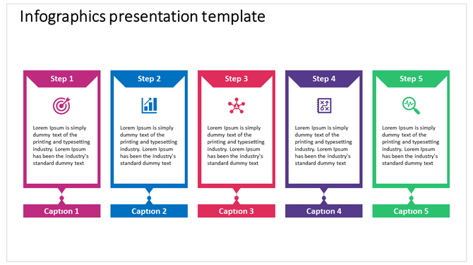 Infographic slide with five steps in colored boxes of pink, blue, red, purple, and green, each with icons and captions.