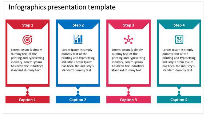 Infographic presentation template with four colored sections, each representing a step in a process, with placeholder text.
