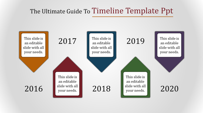 Horizontal timeline with colored markers for years 2016 to 2020, each containing a placeholder text area.