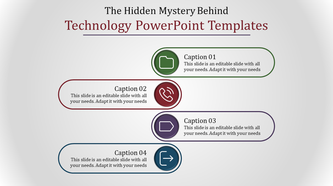 Technology themed infographic showing four colorful banners with folder, call, direction, and arrow icons.
