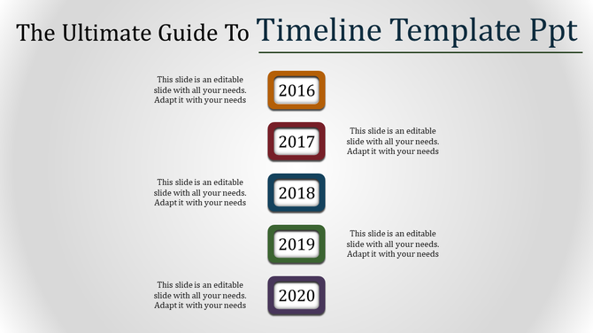 PowerPoint slide featuring a timeline from 2016 to 2020 with placeholder text sections.