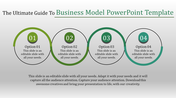 Business model PowerPoint template with four circular options, each featuring an icon and descriptive text.