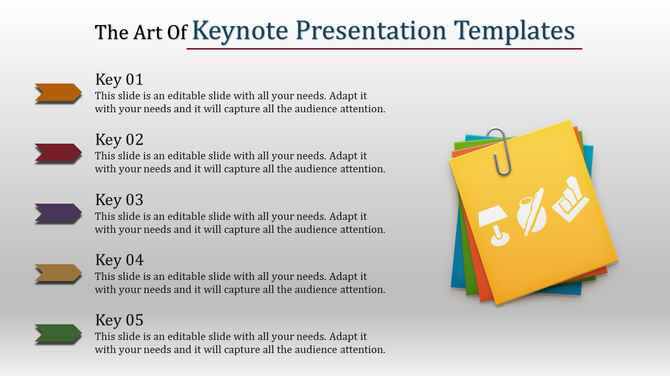 Slide with five colored arrows in orange, red, purple, gold, and green, and a stack of papers with a yellow sheet on top.