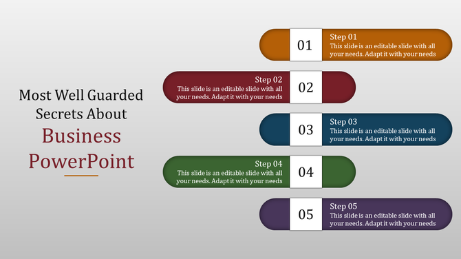 Business PowerPoint slide with five steps, each featuring a colorful label and description.