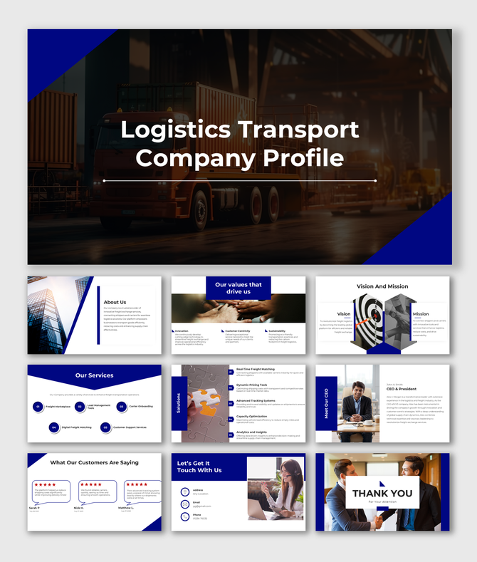 Company profile slide with a grid of business related images on the left and three numbered green sections on the right.