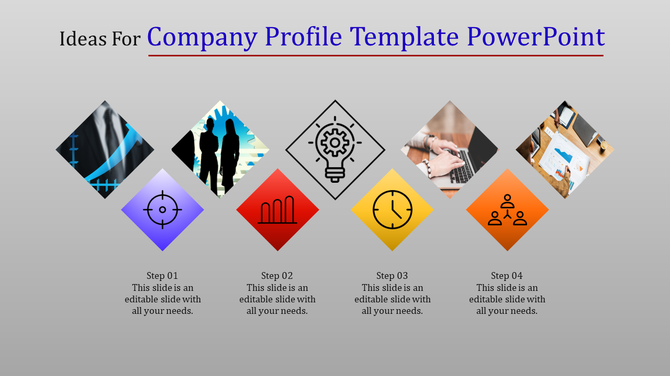 PowerPoint slide showing a company profile template with steps and icons representing business concepts and captions.