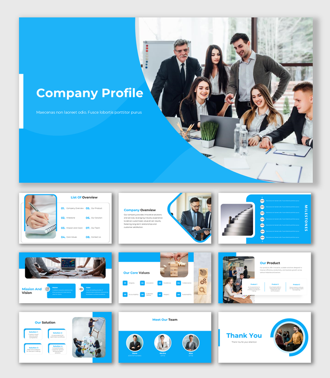 Business themed slide featuring a collage of professional images and a teal footer with placeholder text.