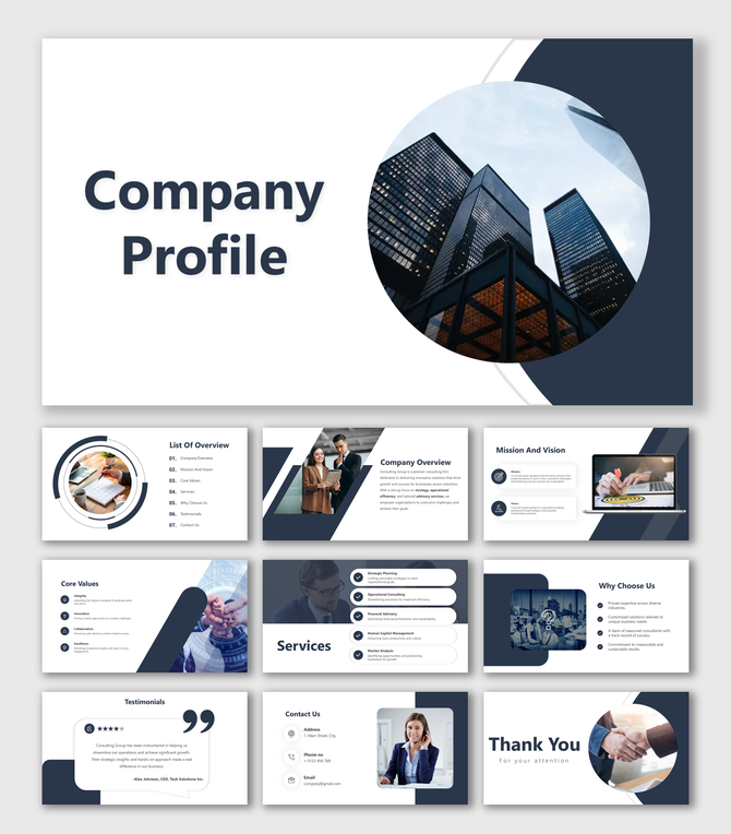 Business themed slide with a title, six key points, and circular images depicting office, data, and collaboration visuals.