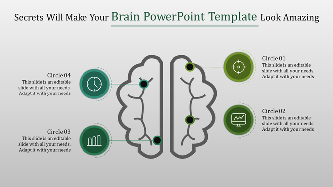 Brain diagram with four green circles, connected to brain points, featuring icons like a target, graph, bar chart, and clock.