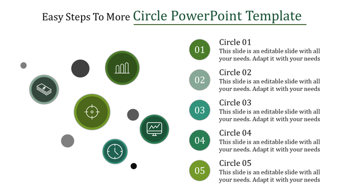 Circle PowerPoint template showcasing five green circles, each with a unique icon and description for different steps.