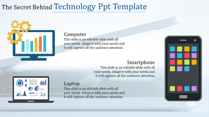 A technology PowerPoint template featuring icons for a computer, laptop, and smartphone with captions below each.