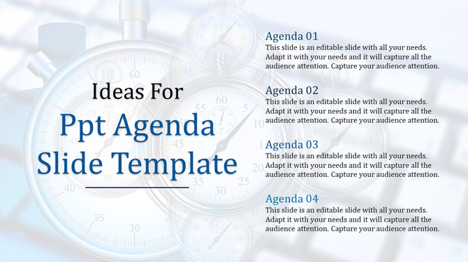 Template with four agenda items numbered 01 to 04, set against a time-themed background with clocks and stopwatches.