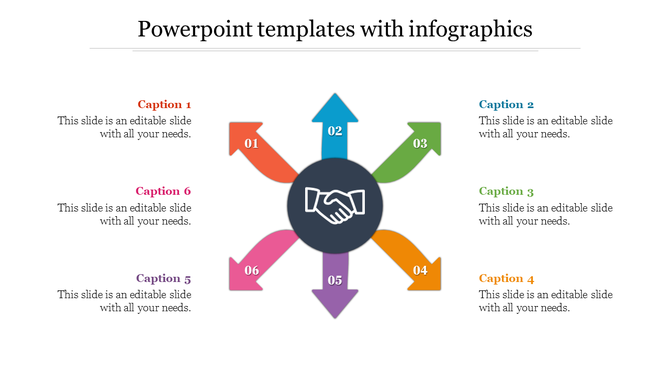 Infographic slide with six outward-pointing arrows, numbered 01 to 06, surrounding a central handshake icon.