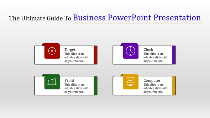 Four horizontal cards for a business presentation, featuring icons for a target, clock, profit chart, and computer monitor.