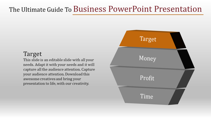 Business slide showing a pyramid with target at the top and time at the bottom placed with a caption areas.