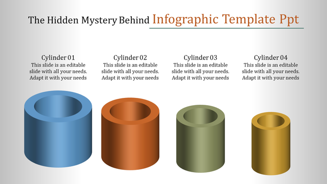 Infographic PowerPoint slide with a set of four cylindrical shapes, each with a corresponding label and placeholder text.