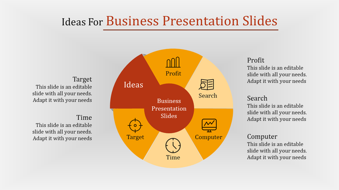 Business PPT slide with a circular design showing key concepts like target, time, profit, and search, each with icons.