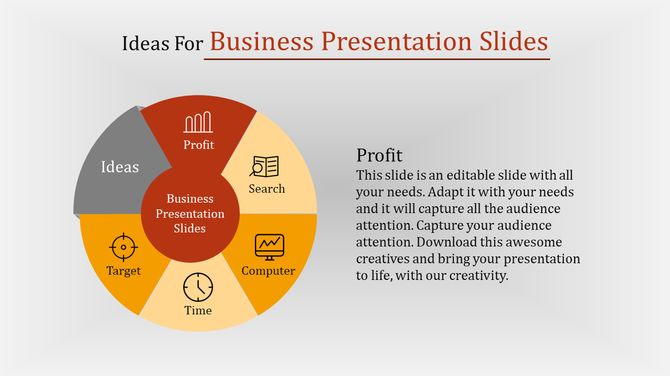 Business presentation infographic with six labeled and icon-supported segments, emphasizing central ideas.