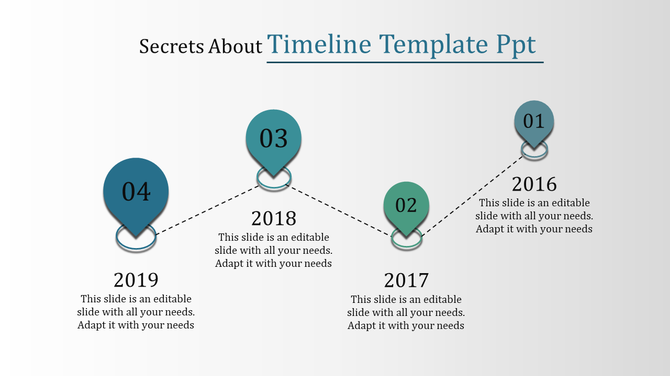 Timeline infographic with four teal markers connected by dashed lines, labeled 2016 to 2019, paired with text boxes.