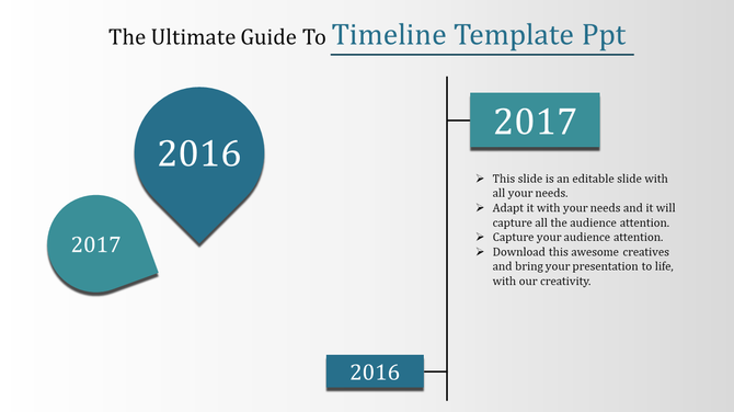 Timeline slide featuring milestones for 2016 and 2017, with circular markers and descriptive text for 2017.