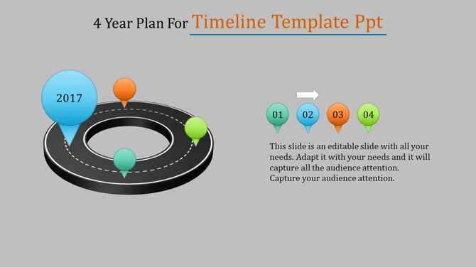 Circular timeline design featuring a black loop with vibrant pins for four steps, highlighted by a large blue marker.