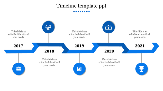Horizontal blue timeline with five years labeled from 2017 to 2021, connected by a zigzag path, each year featuring a icon. 